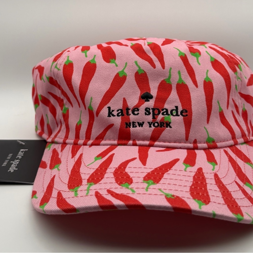 NWT Kate Spade NY Chili Pepper Print Pink Cotton Baseball Cap Designer Hat Chic - Picture 7 of 8